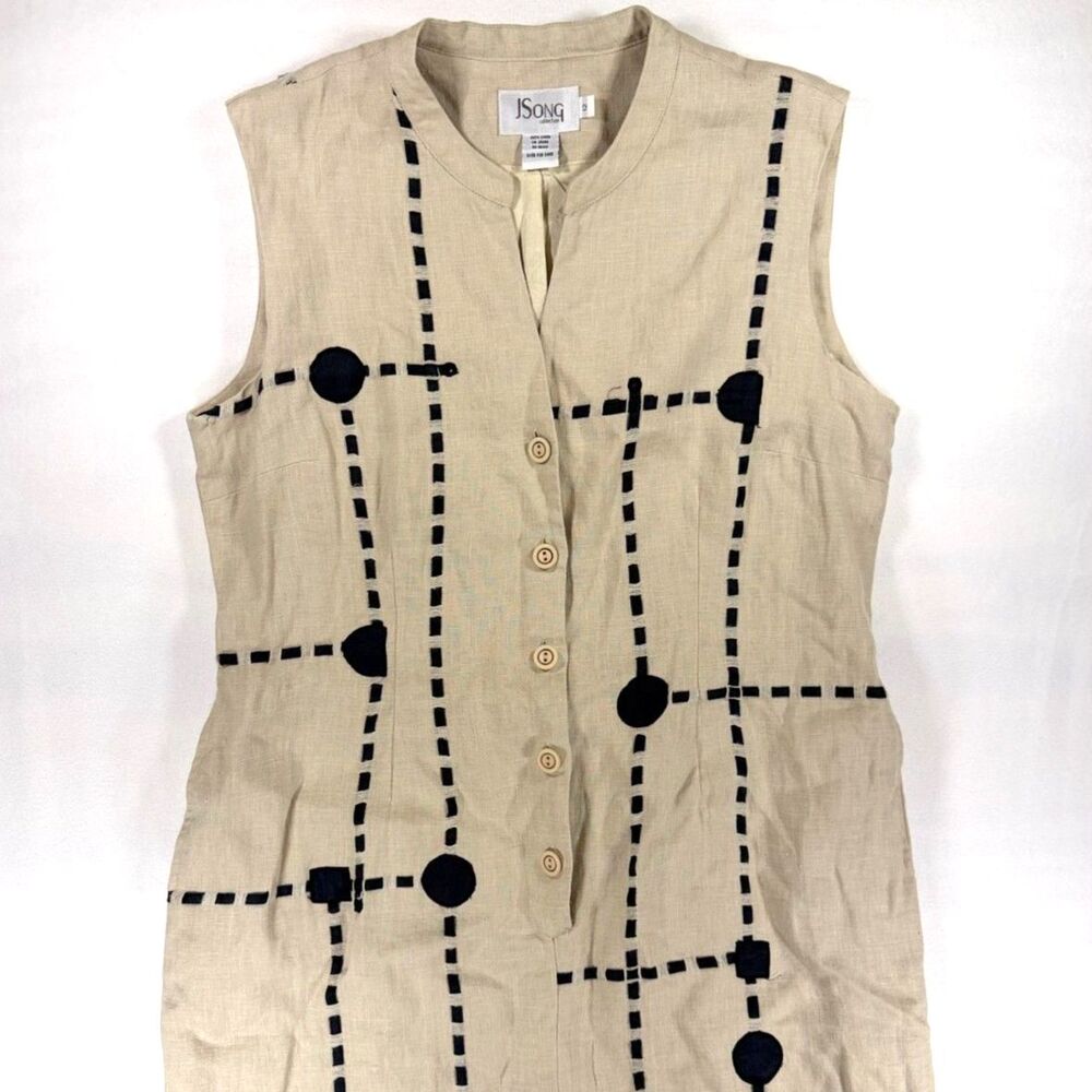 J Song Tan Linen Sleeveless Maxi Dress with Black Embroidery and Pockets, 12 - Picture 2 of 7